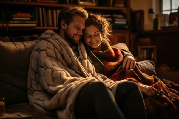 warm cozy couple on couch with blanket