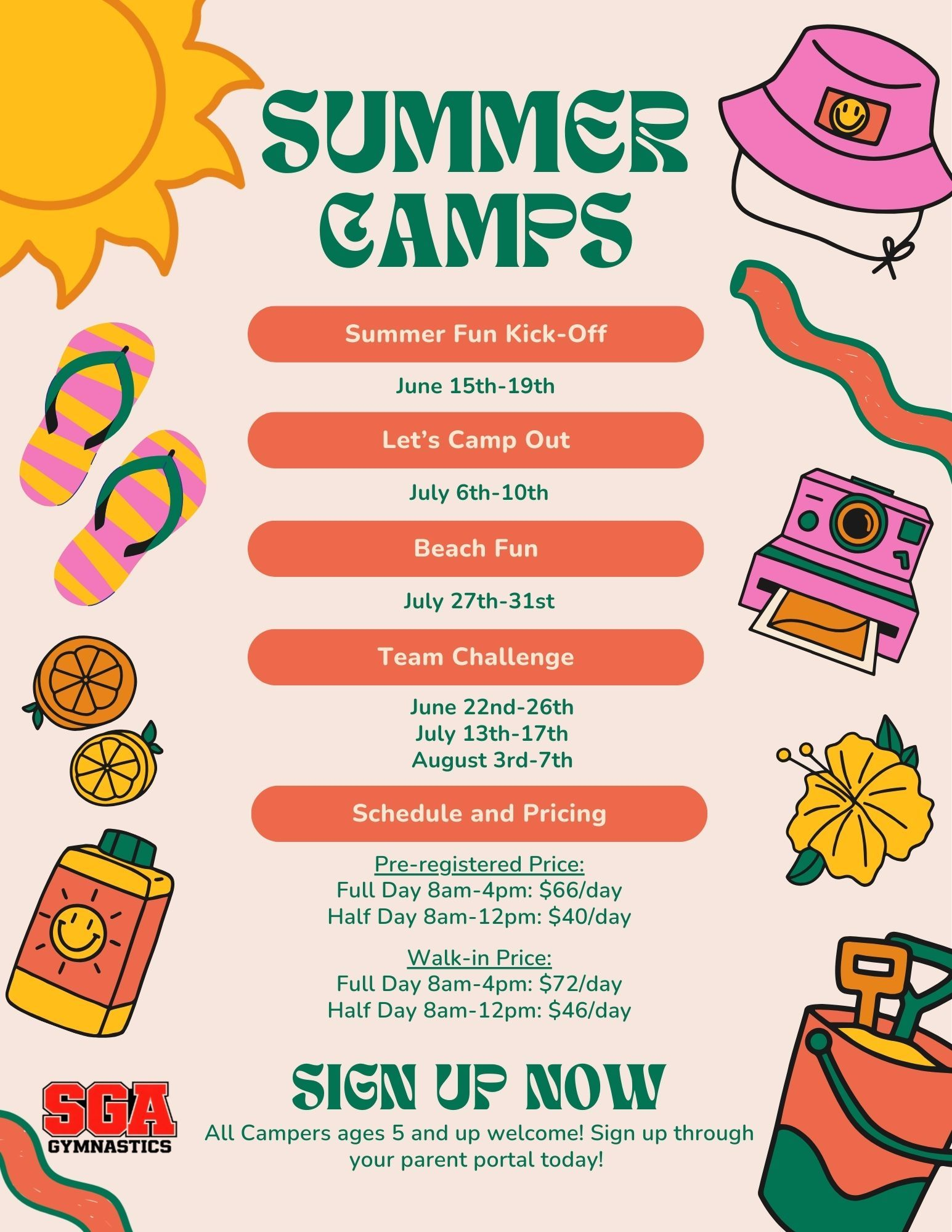 A flyer for SGA summer camps listing themes, dates, and pricing, decorated with colorful summer icons.