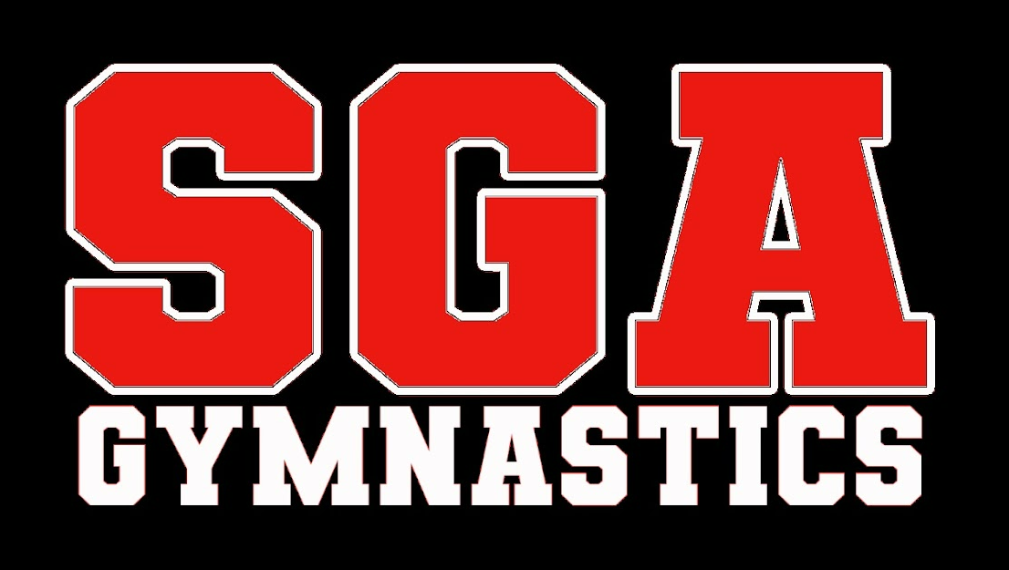 Logo for SGA Gymnastics with large, bold red letters reading 