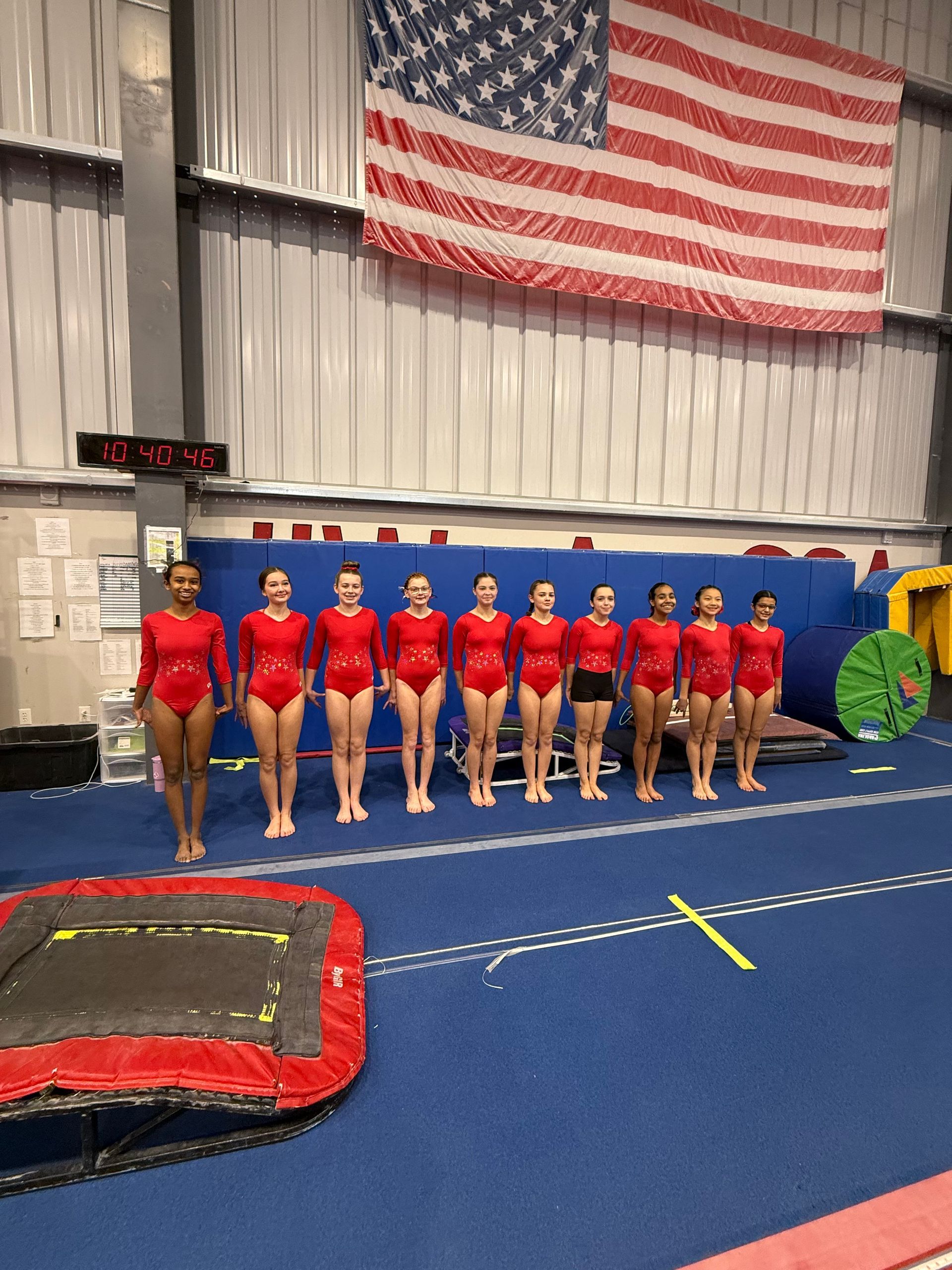 Ten gymnasts in red leotards stand in a line on a blue gym mat in front of a large American flag.