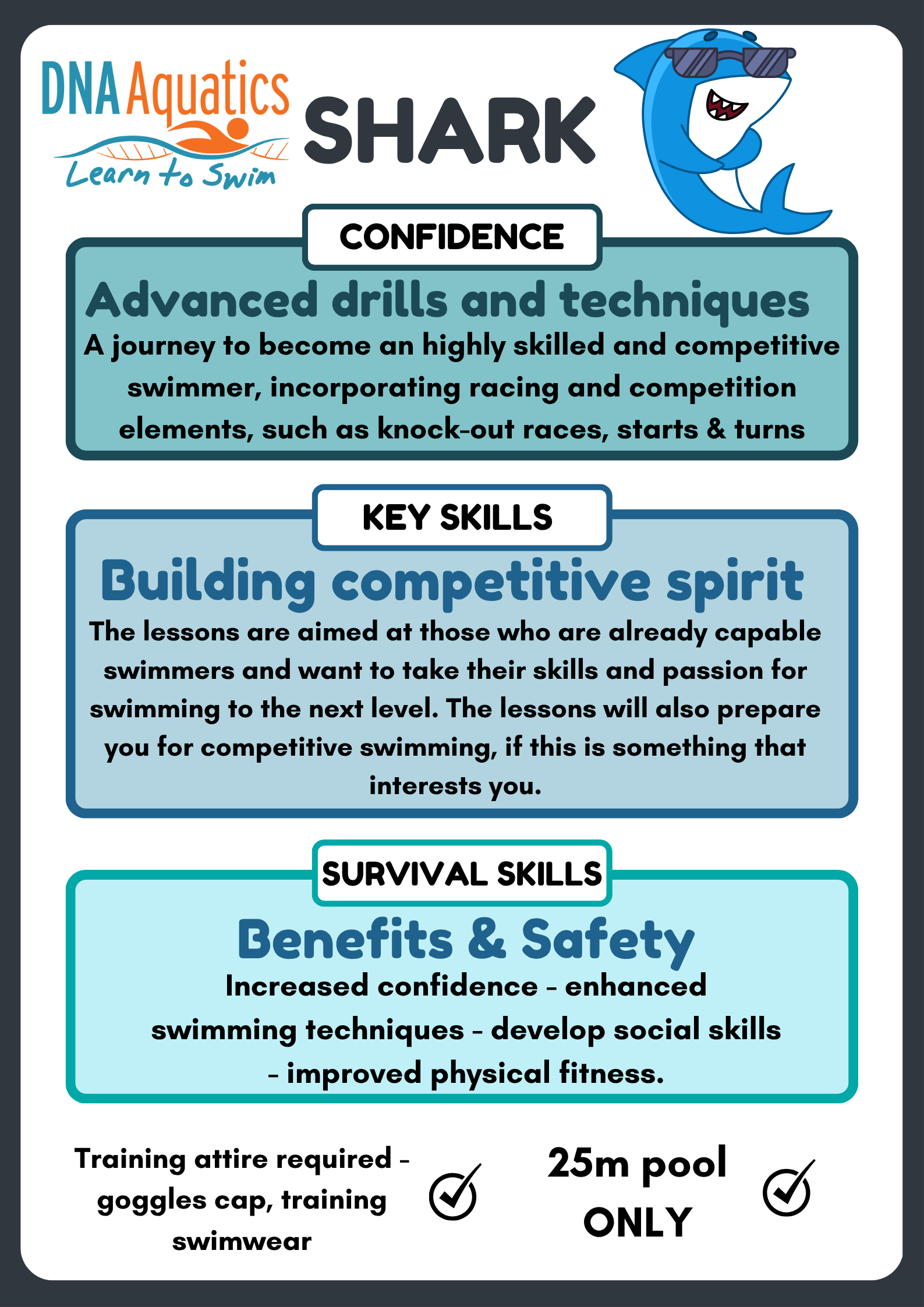 Poster for DNA Aquatics Shark swimming class: Confidence, Key Skills, Survival Skills, benefits.