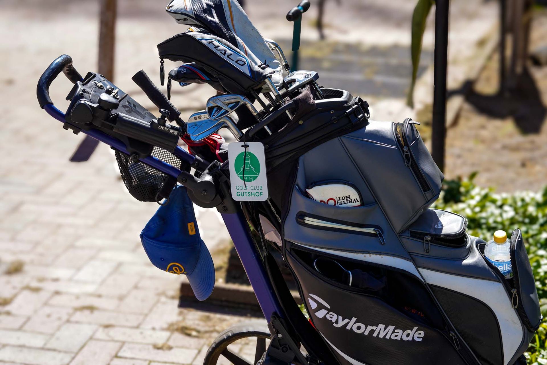 Vier Personen in Golfkleidung stehen auf einem saftig grünen Golfplatz, unterhalten sich und halten Golfschläger in der Nähe eines Ballkorbs.