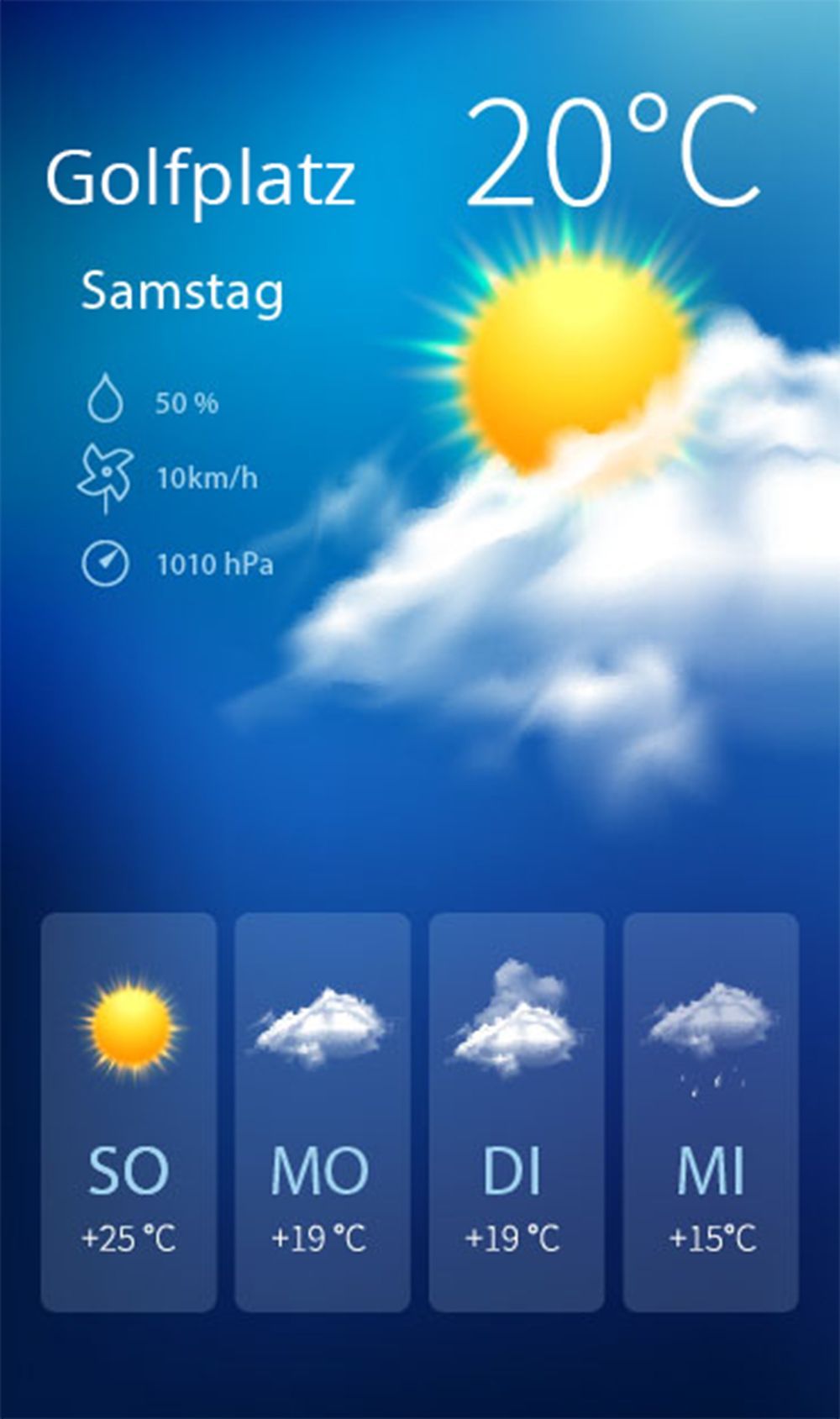 Eine Wetter-App zeigt die Temperatur bei 20 Grad Celsius an