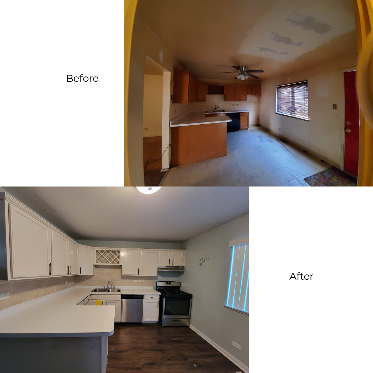 A before and after photo of a kitchen and living room