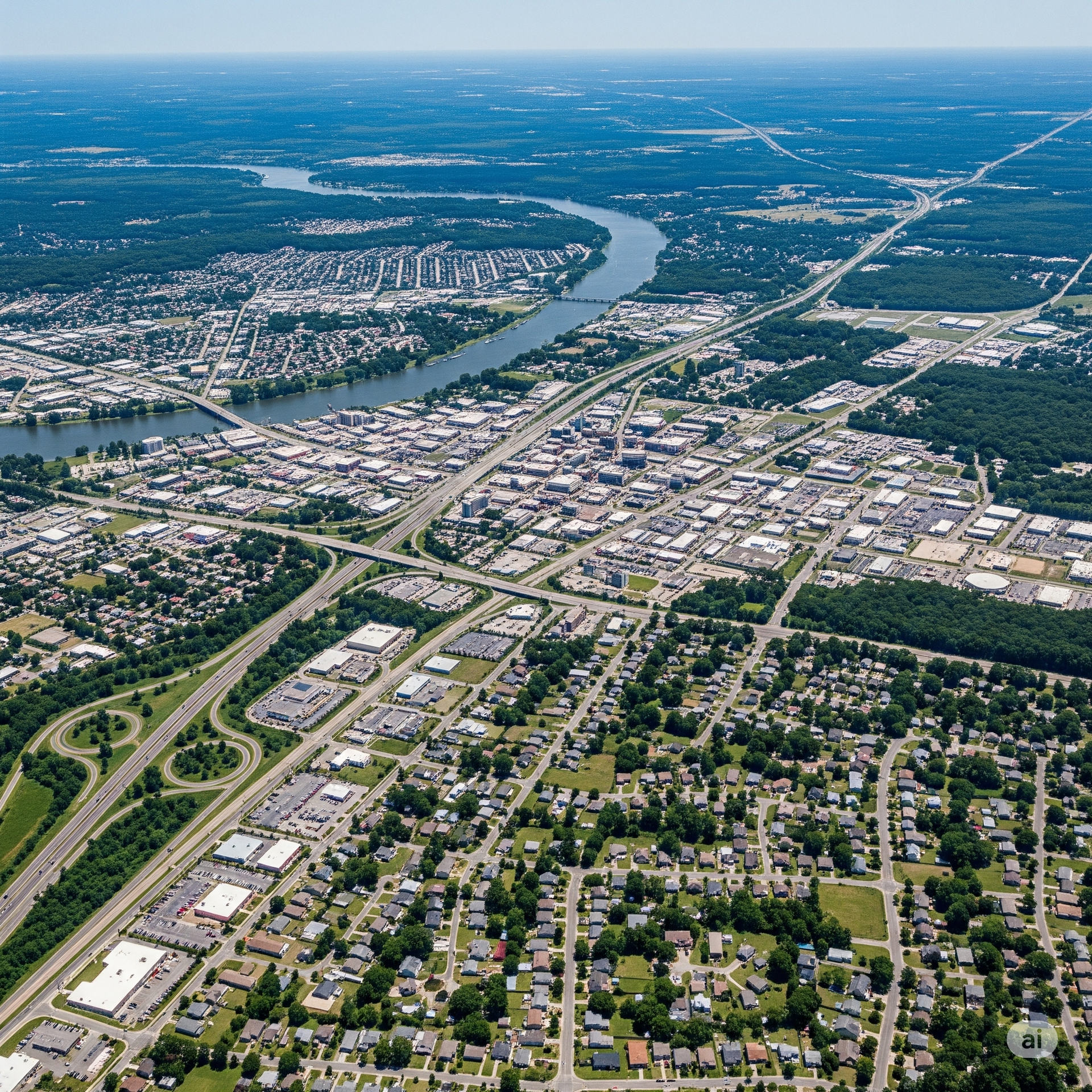 Aerial view of a city with a river, highways, commercial areas, and residential neighborhoods. Blue sky, green trees, and various buildings are visible.