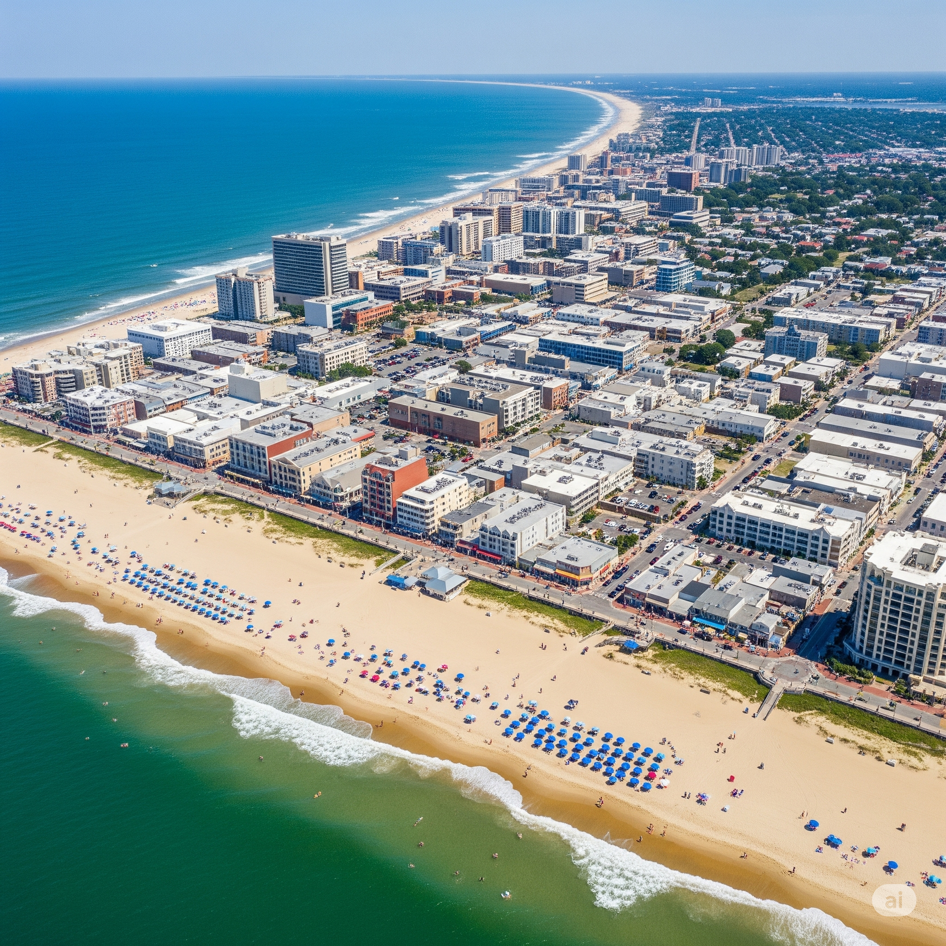 Aerial view of Virginia Beach, with a sandy beach, ocean waves, and buildings lining the shore. Blue umbrellas dot the beach, and the sky is clear.