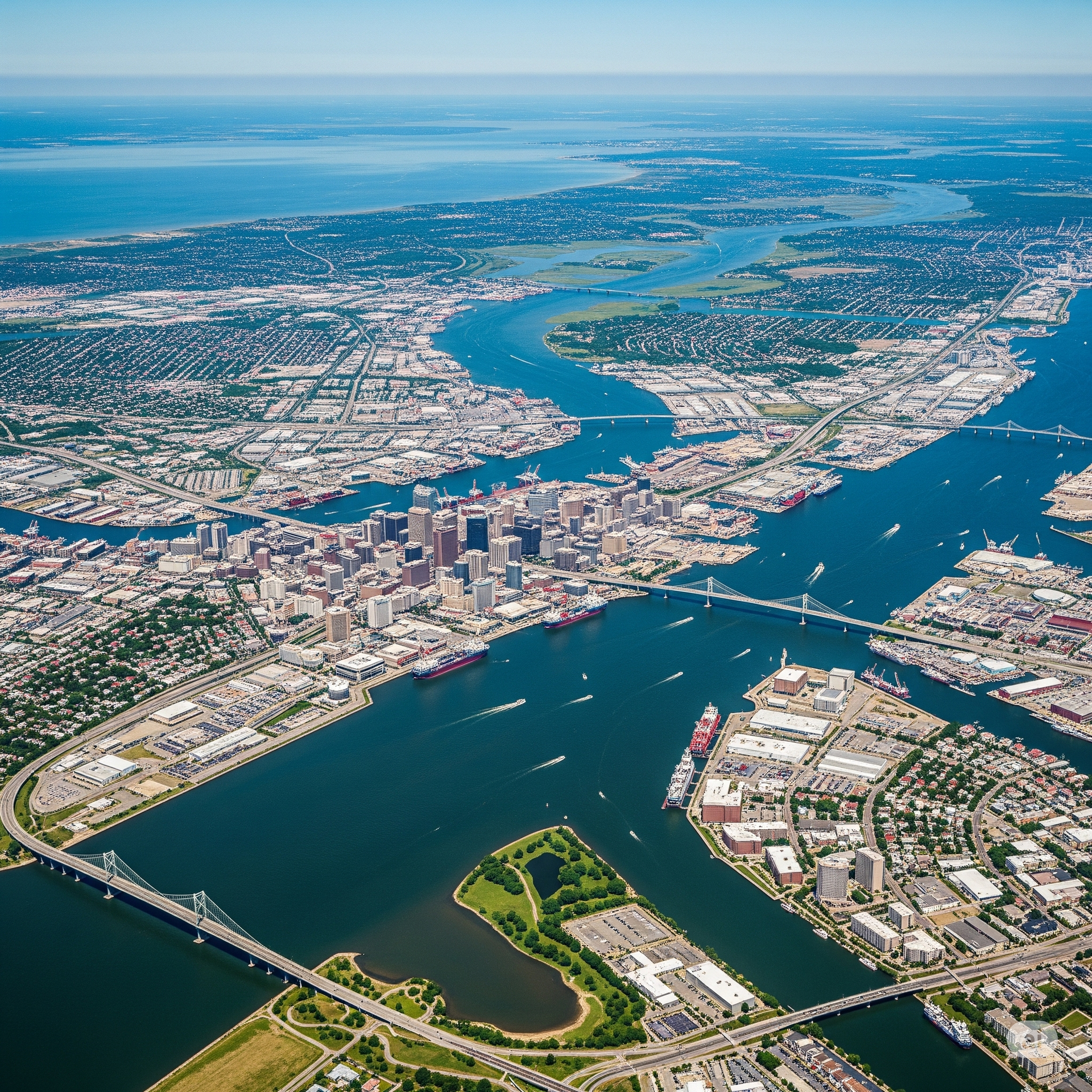 Aerial view of the city of Boston, Massachusetts, with the Charles River and harbor in the foreground.  Skyline, bridges, and ships are visible.