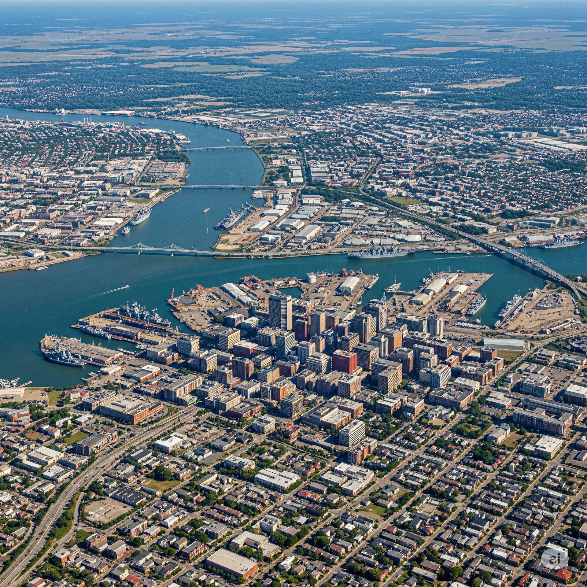 Aerial view of Norfolk, Virginia, with downtown buildings surrounded by water and bridges, including the Elizabeth River and the Naval Base.