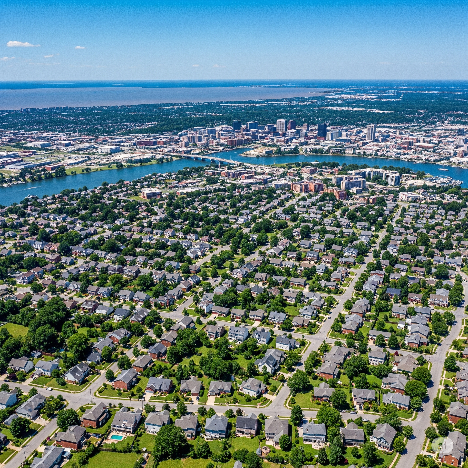 Aerial view of a city with a waterfront, residential areas with trees in foreground, and a clear blue sky.