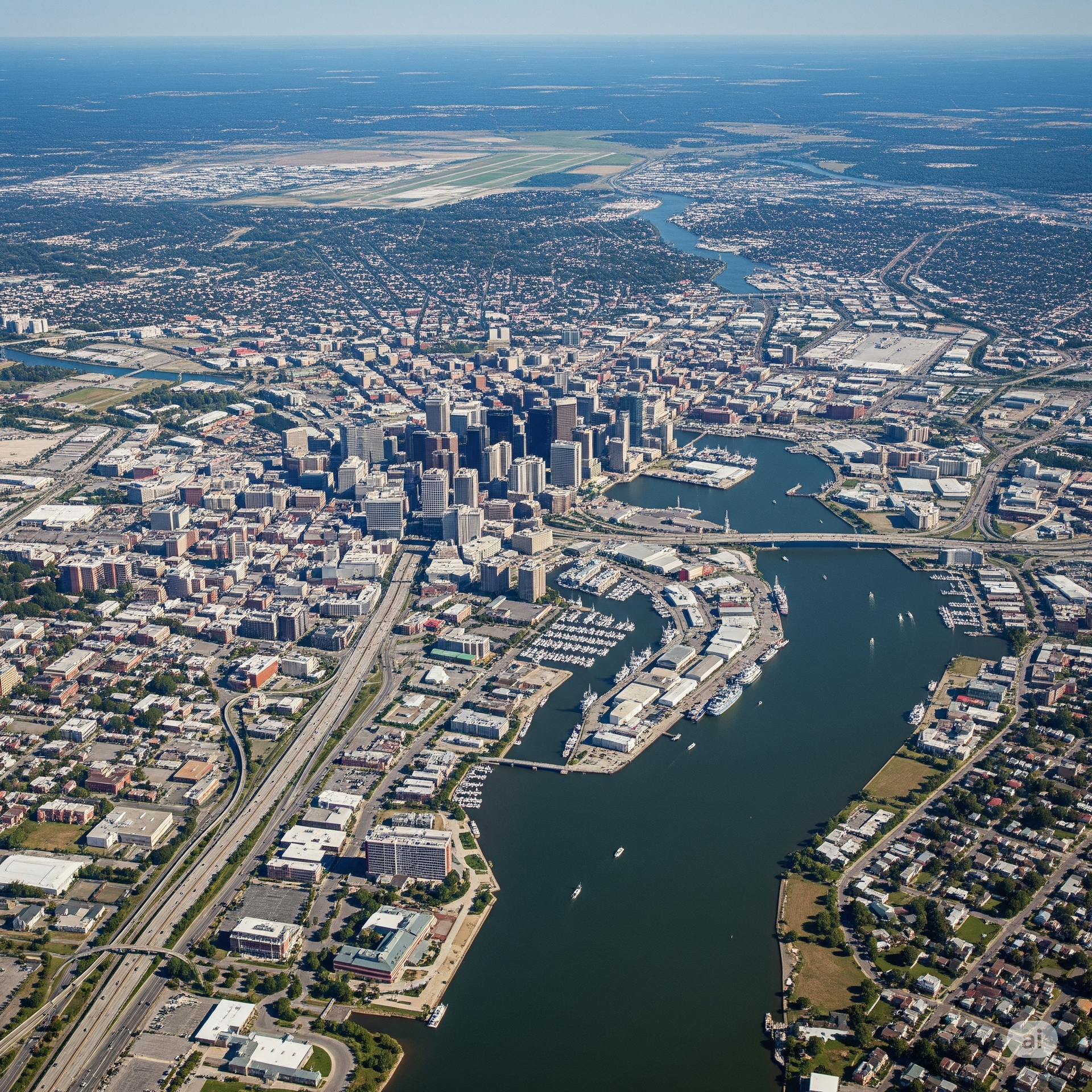 Aerial view of Boston, Massachusetts, with the downtown skyline, harbor, and surrounding neighborhoods visible under a clear sky.