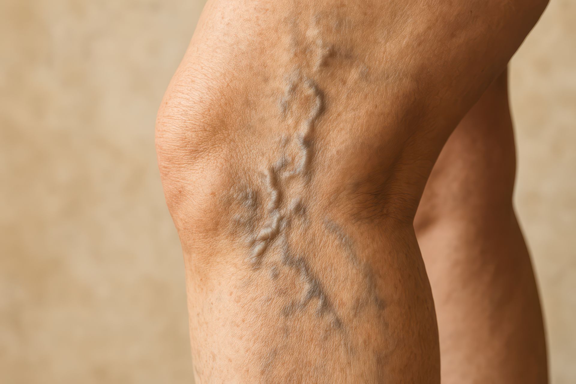 Knee and leg with visible varicose veins. Pale skin, dark blue veins.