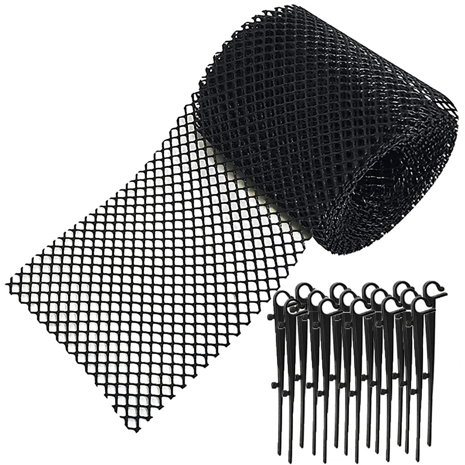 A roll of plastic mesh gutter guard, in a product image. It is black and the background is white. In the corner are pegs for fastening the mesh over a rain gutter. Used by UK homeowners to protect their homes from water damage.