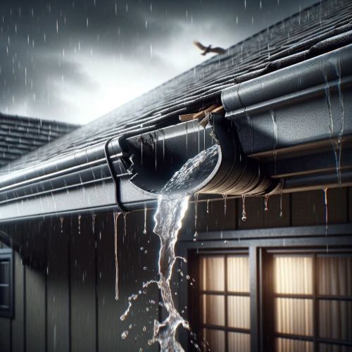 An HD image of a broken rain gutter on a house roof, focusing on the leak. The scene shows a close-up of the gutter with visible damage, such as cracks.