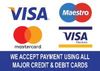 A graphic with the Visa, Maestro and Mastercard logos. It explains that we accept payment using all major credit and debit cards.
