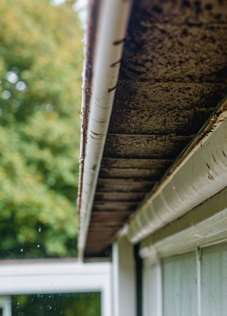 A close up of a gutter on the side of a house.