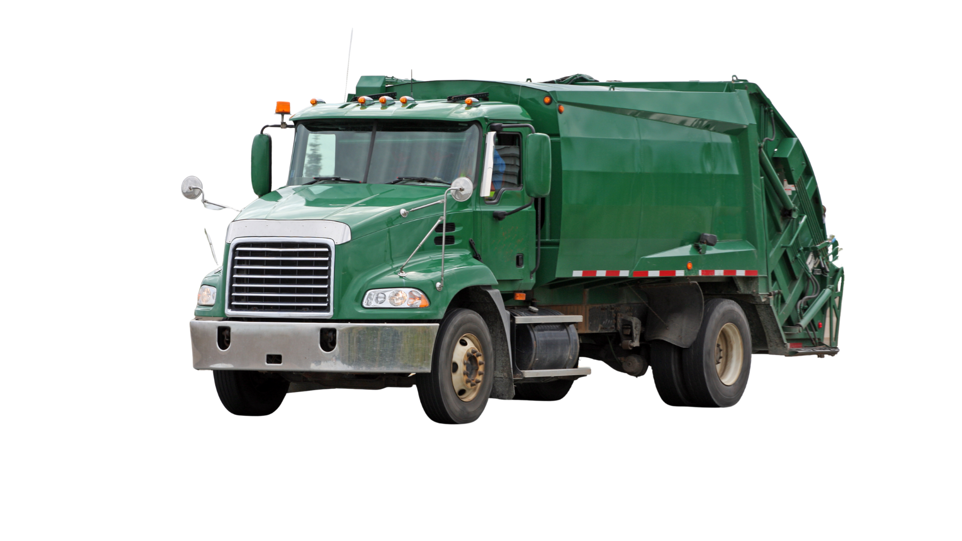 A green garbage truck isolated on a white background.