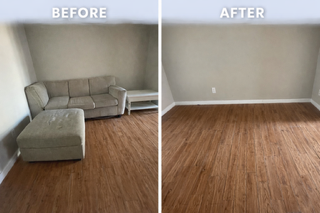 A side-by-side comparison of a room with a sofa and ottoman on the left, and the same room empty on the right.