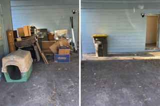 A split-screen view showing a cluttered garage area on the left and the same space cleaned 