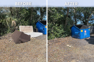 Before and after photos showing a brown couch and mattress removed from a wooded area next to a blue dumpster.