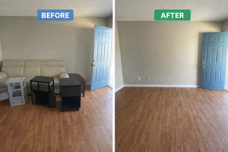 A side-by-side comparison of a room interior before and after removing furniture, showing an empty space and blue door.