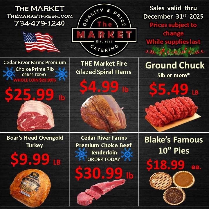 Market advertisement: Prime rib, hams, ground chuck, turkey, tenderloin, and pies, with prices listed.