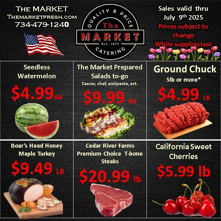 A flyer for the market shows a variety of items for sale