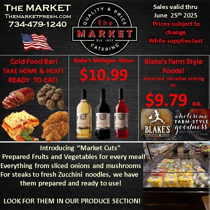 An advertisement for the market catering shows a variety of foods