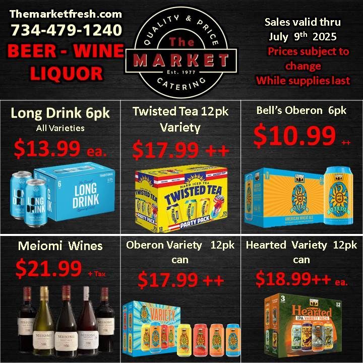 A flyer for beer wine liquor at the market