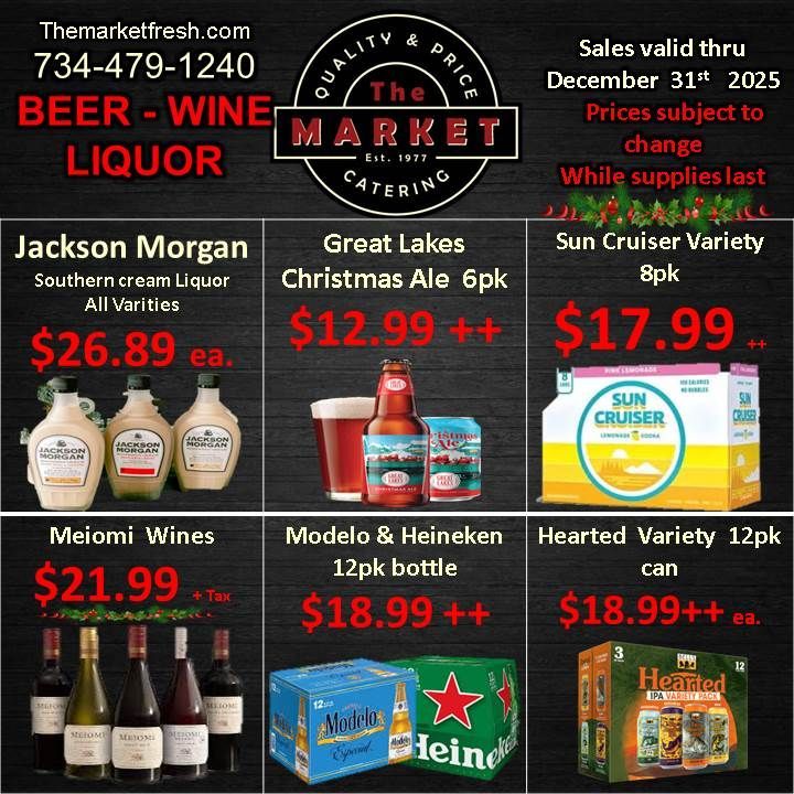 Advertisement for The Market catering, offering beer, wine, and liquor. Prices and brands are listed.