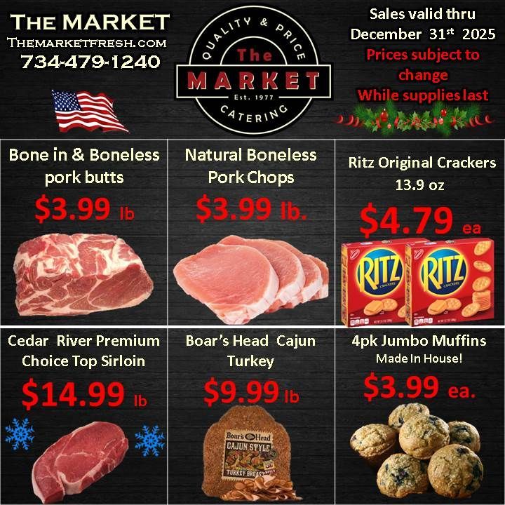 Grocery store advertisement. Pork, crackers, turkey, and muffins are on sale.