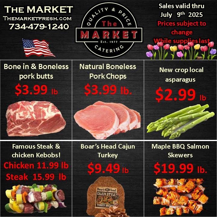 A flyer for the market shows a variety of meats and vegetables