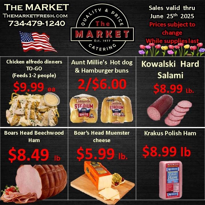 A flyer for the market shows a variety of meats and cheeses