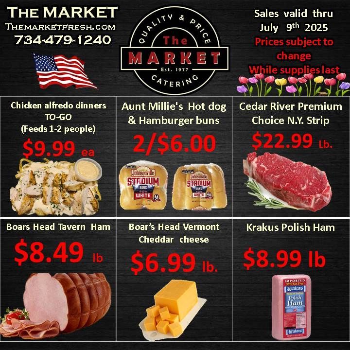 A flyer for the market shows a variety of meats and cheeses
