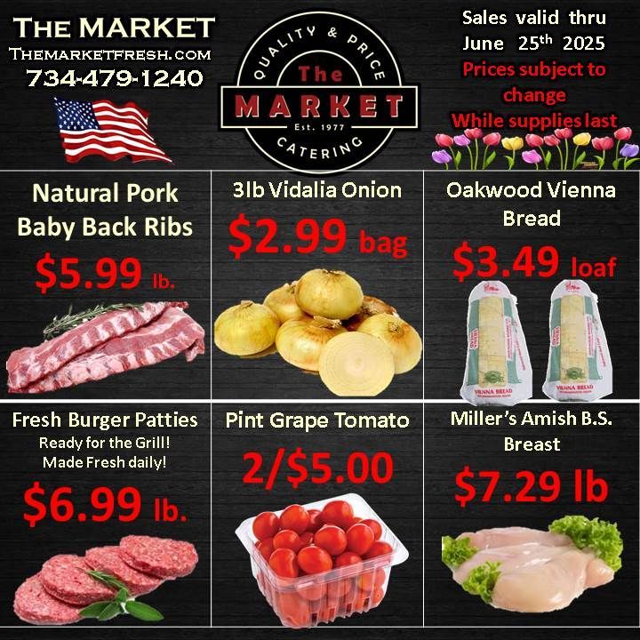 A flyer for the market shows a variety of meats and vegetables