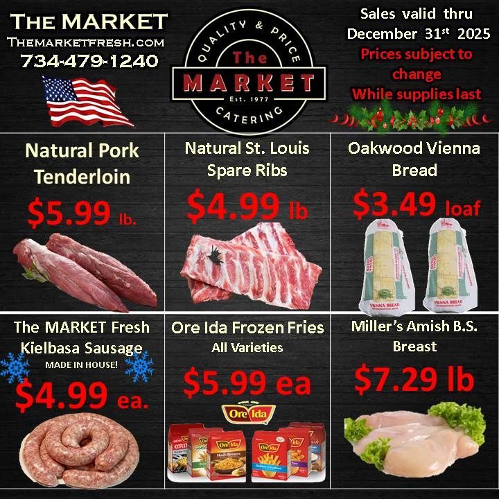 Advertisement for The Market featuring meat and bread prices.