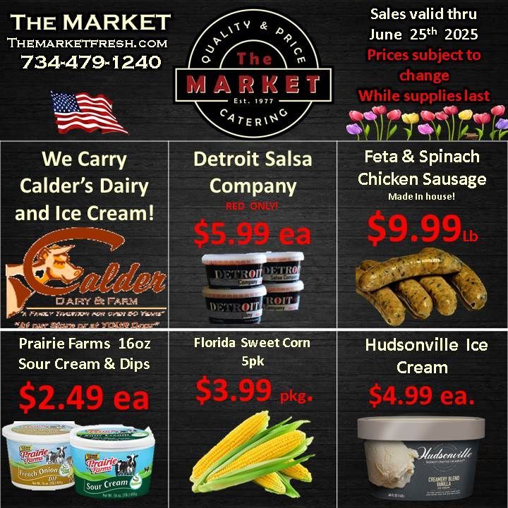 A flyer for the market advertises a variety of products