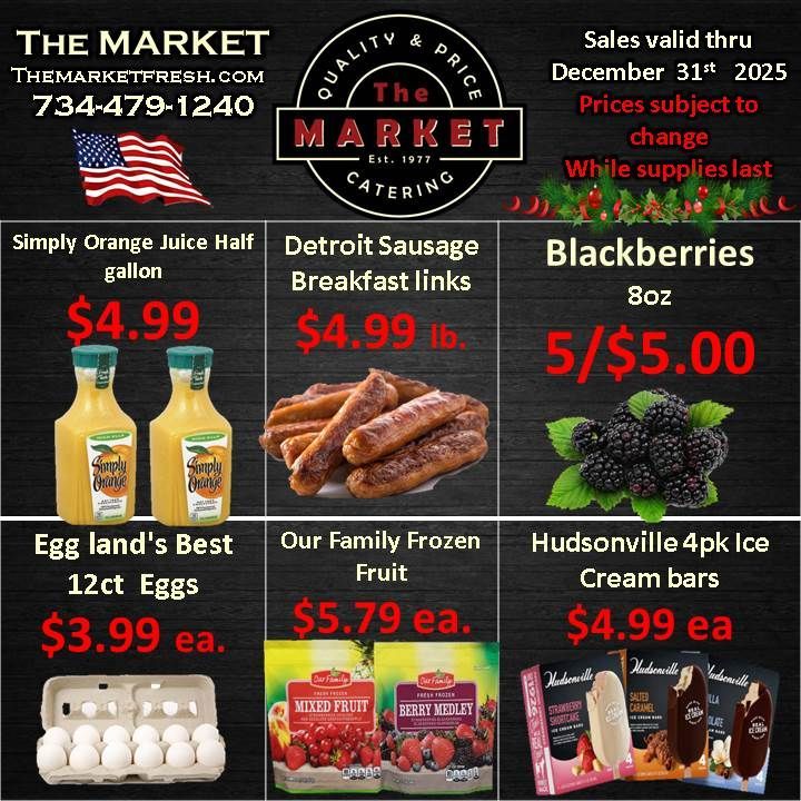Market ad: Juice, sausage, blackberries, eggs, frozen fruit, and ice cream on sale.