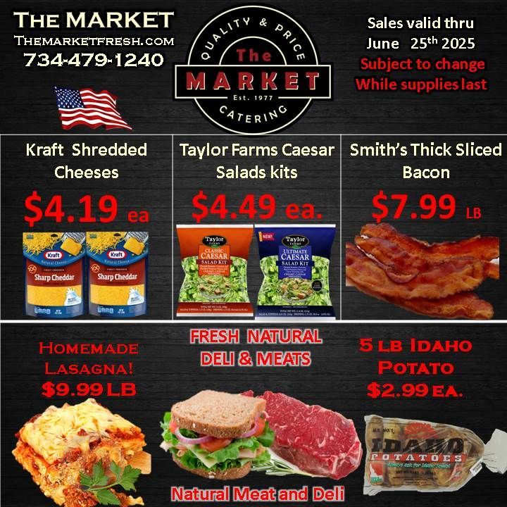 A flyer for the market shows a variety of food items