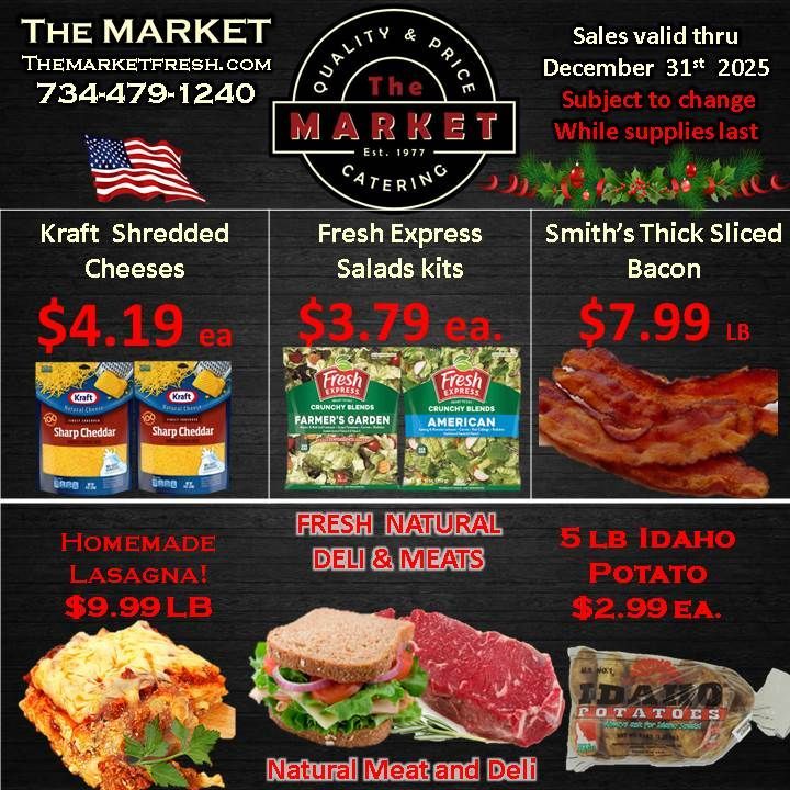 Grocery store advertisement featuring shredded cheese, salad kits, bacon, lasagna, deli meats, and potatoes.