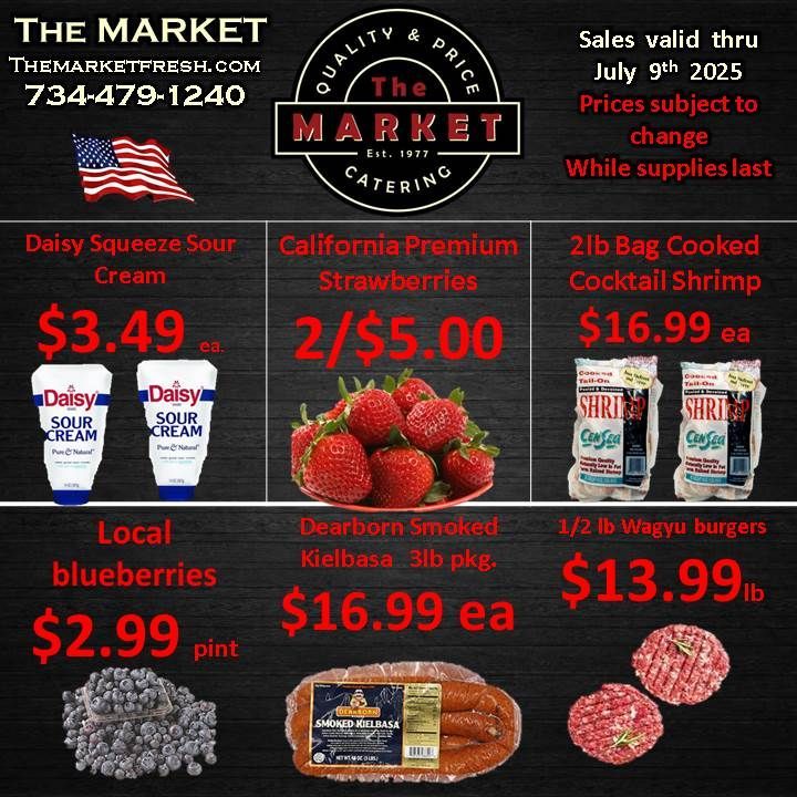 An advertisement for the market catering shows a variety of products