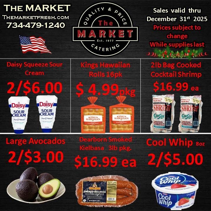 Grocery store ad: Sour cream, Hawaiian rolls, shrimp, avocados, kielbasa, and Cool Whip on sale.