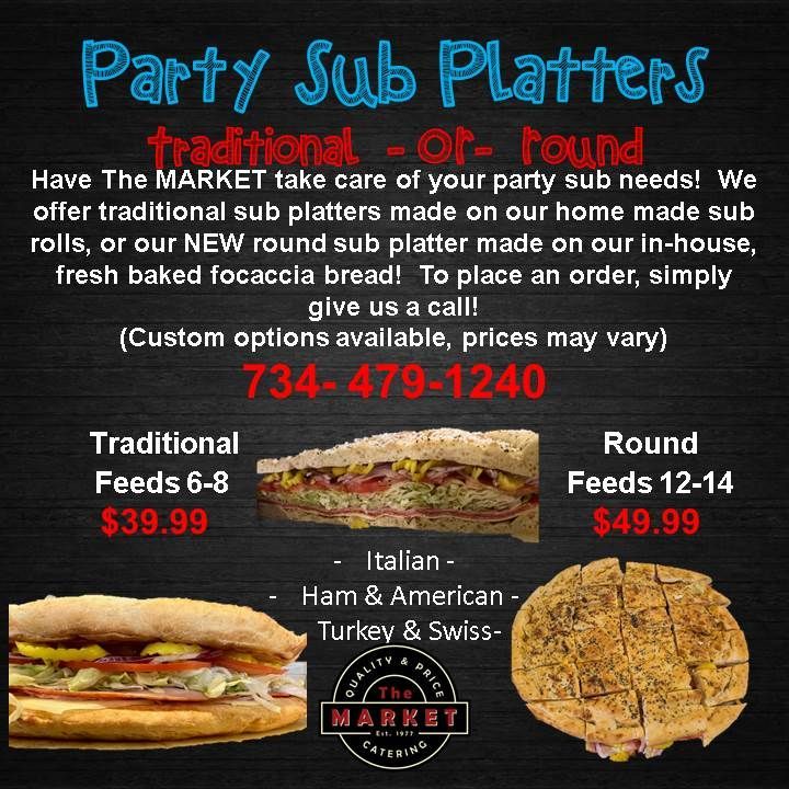 A flyer for party sub platters that says traditional or round