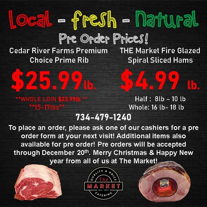 Advertisement for The Market featuring pre-order prices for prime rib and spiral-sliced hams.