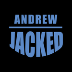 The logo for andrew jacked is blue on a black background