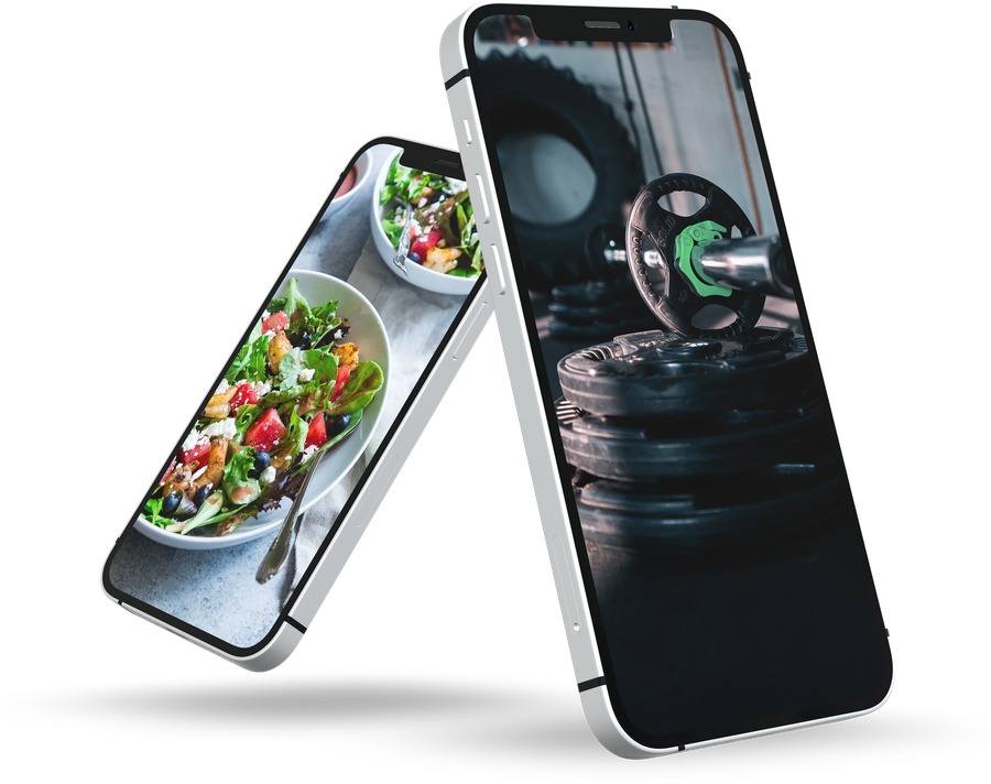 A cell phone with a picture of a salad and a picture of a steering wheel