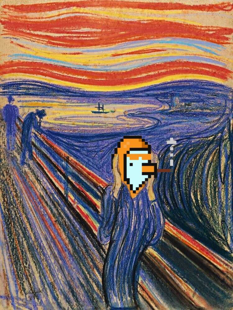 A painting of a person covering their ears with their hands.