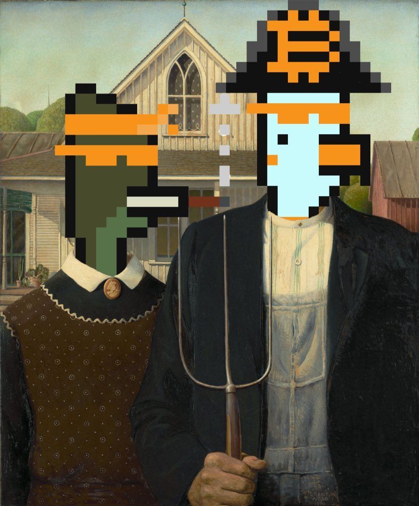 A pixel art painting of a man holding a fork