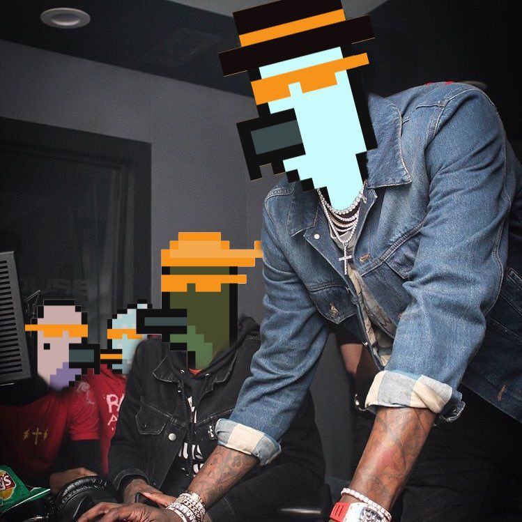 A man in a denim jacket has a pixelated face on his face