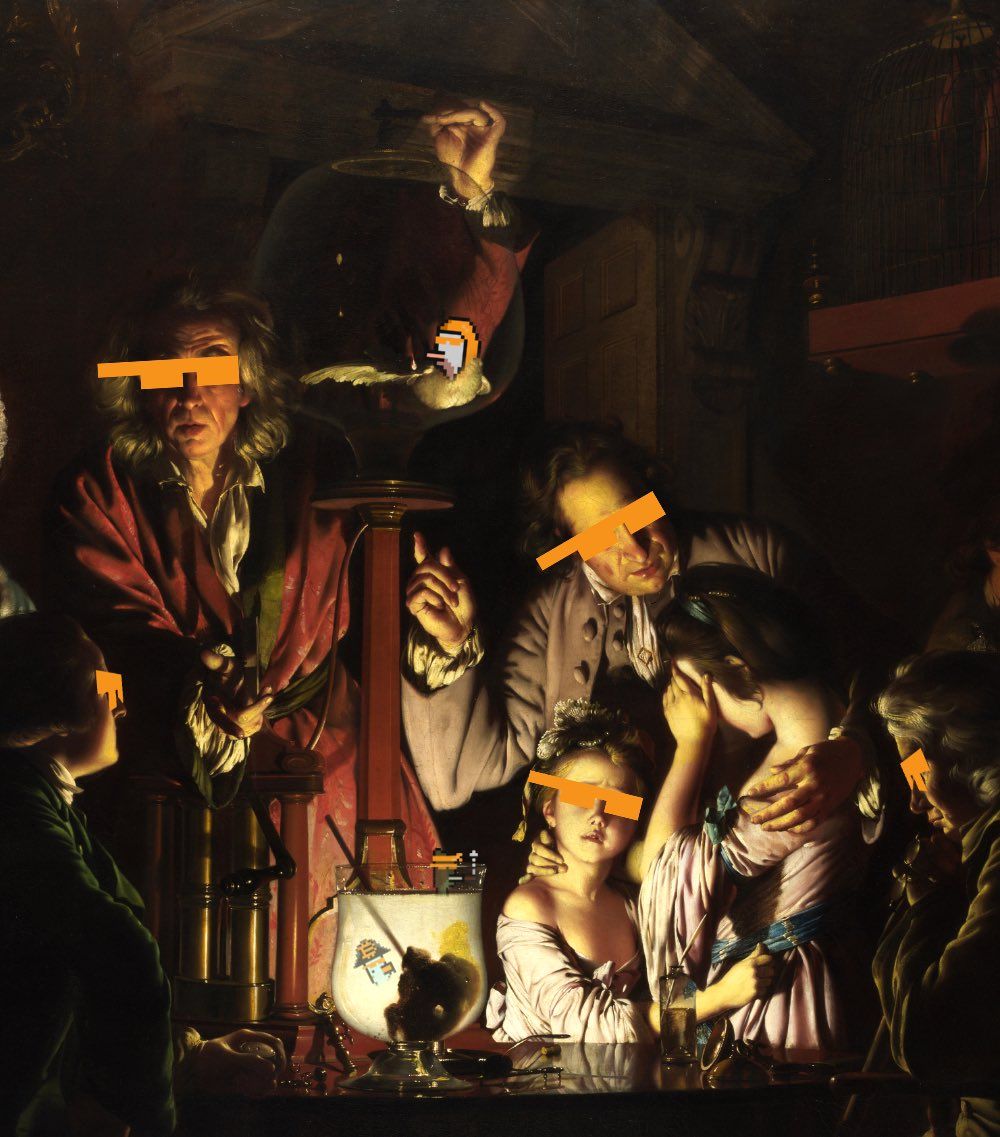 A painting of a group of people with their eyes covered