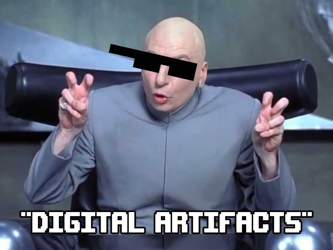A bald man wearing sunglasses says digital artifacts